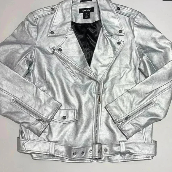 Dkny Jackets & Blazers - DKNY Metallic Silver Moto Style Faux Leather Jacket SZ XL